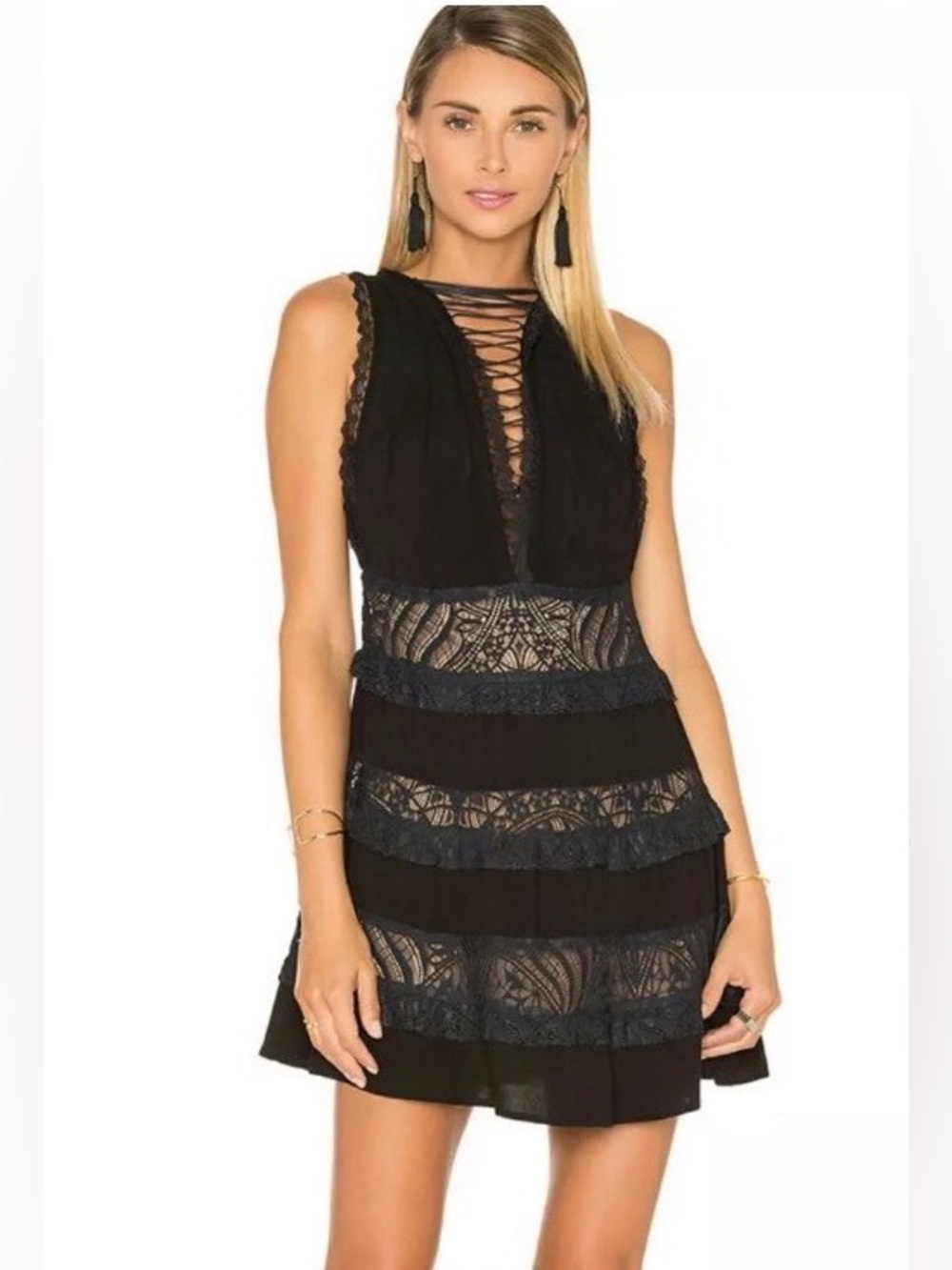 For Love & Lemons LOLA ROSE Dress Black Navy Lace Tie Up Dress